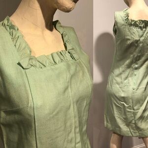 VTG 60s Celery Green Ruffled Neck MOD Go-Go Sleeveless Shift Mini Dress Sz 10